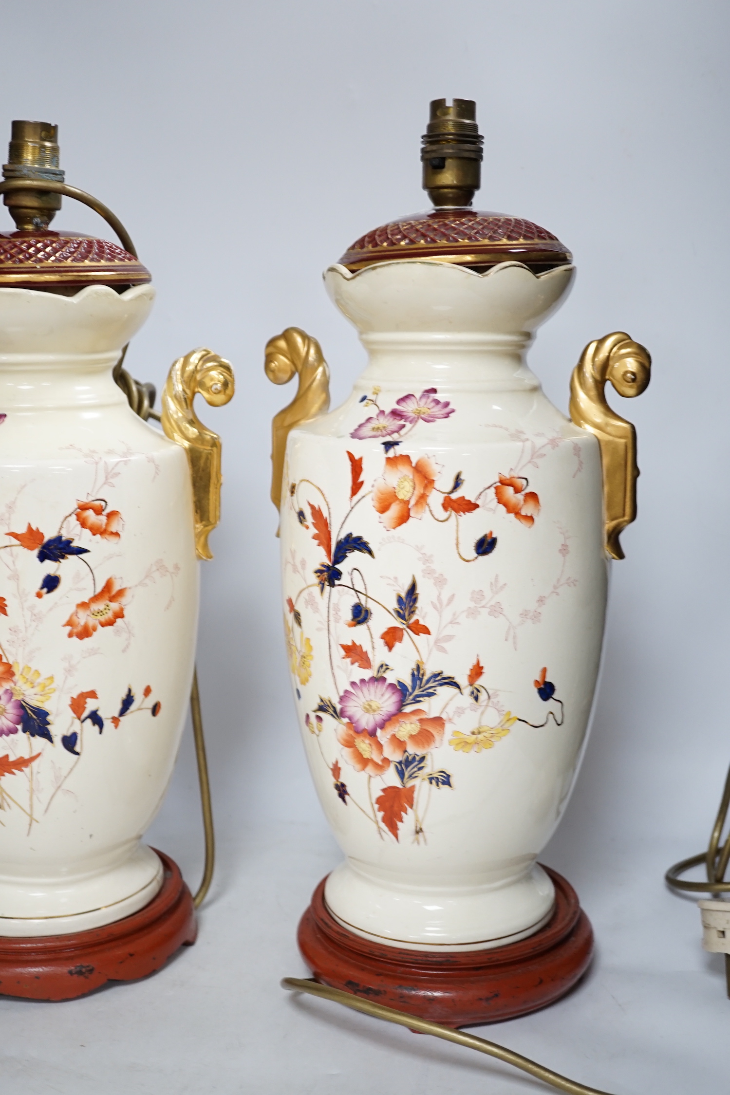 A pair of early 20th century vases mounted as table lamps, hand painted with flowers, 45cm high